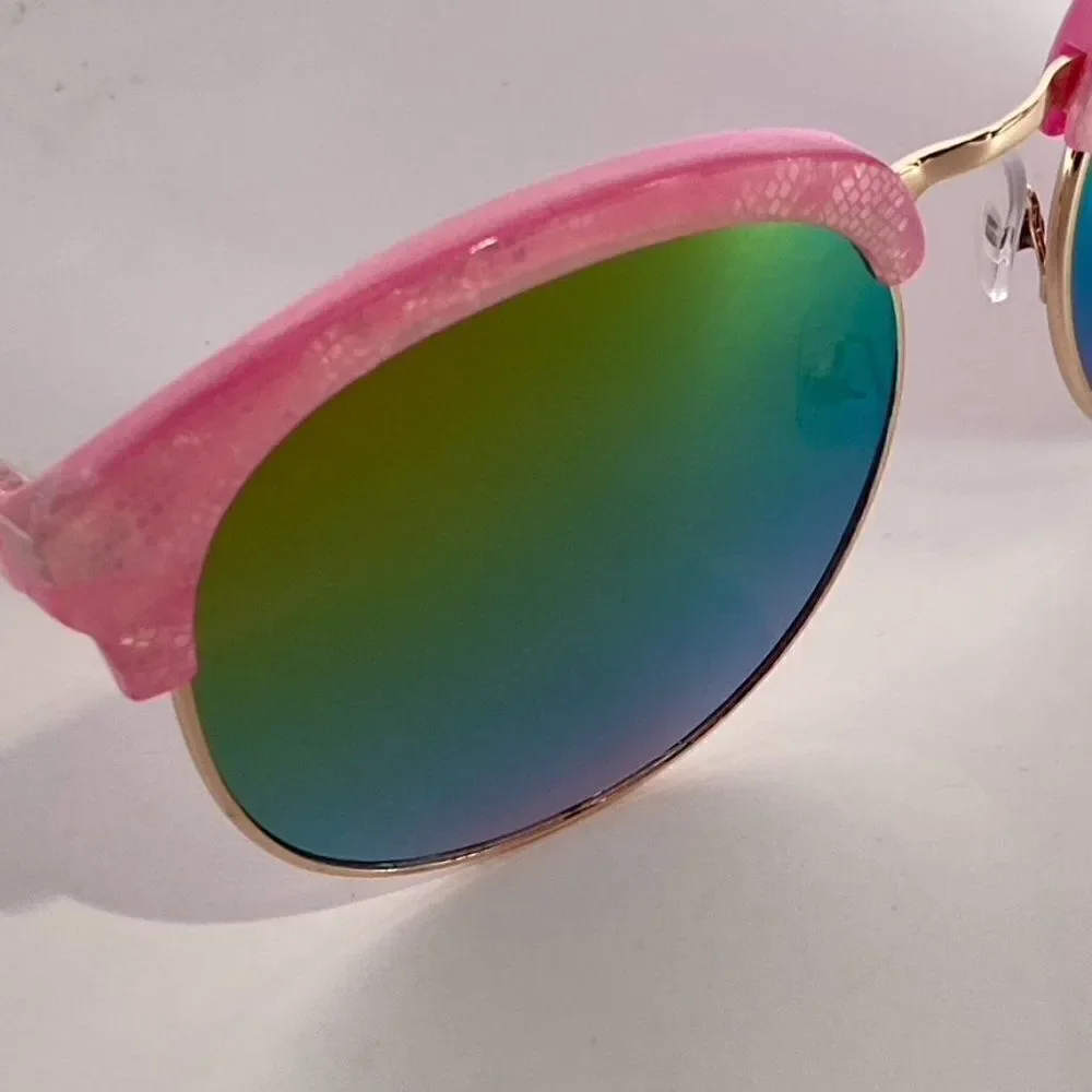 0633 Pink Plastic and Gold Metal Mirrored Green Lense Sunglasses New